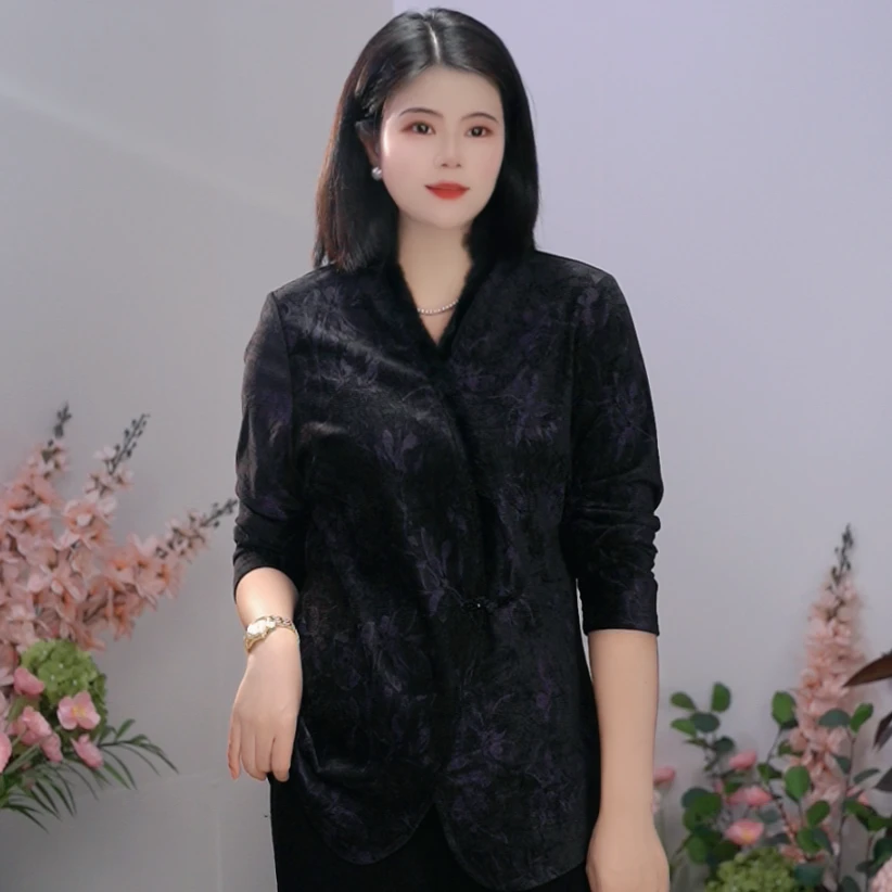 司缪【W5964】轻奢大码女装新中式妈妈装小衫中国风斜襟V领上衣