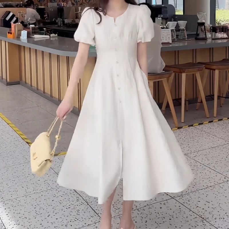 早秋简约风时尚风泡泡袖连衣裙白色连衣裙气质高腰显瘦温柔连衣裙