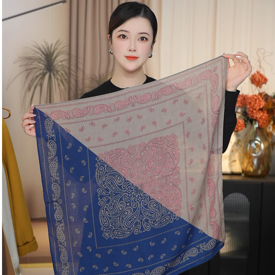 P9【粉蓝腰果】新款棉质单面65*65围巾方巾