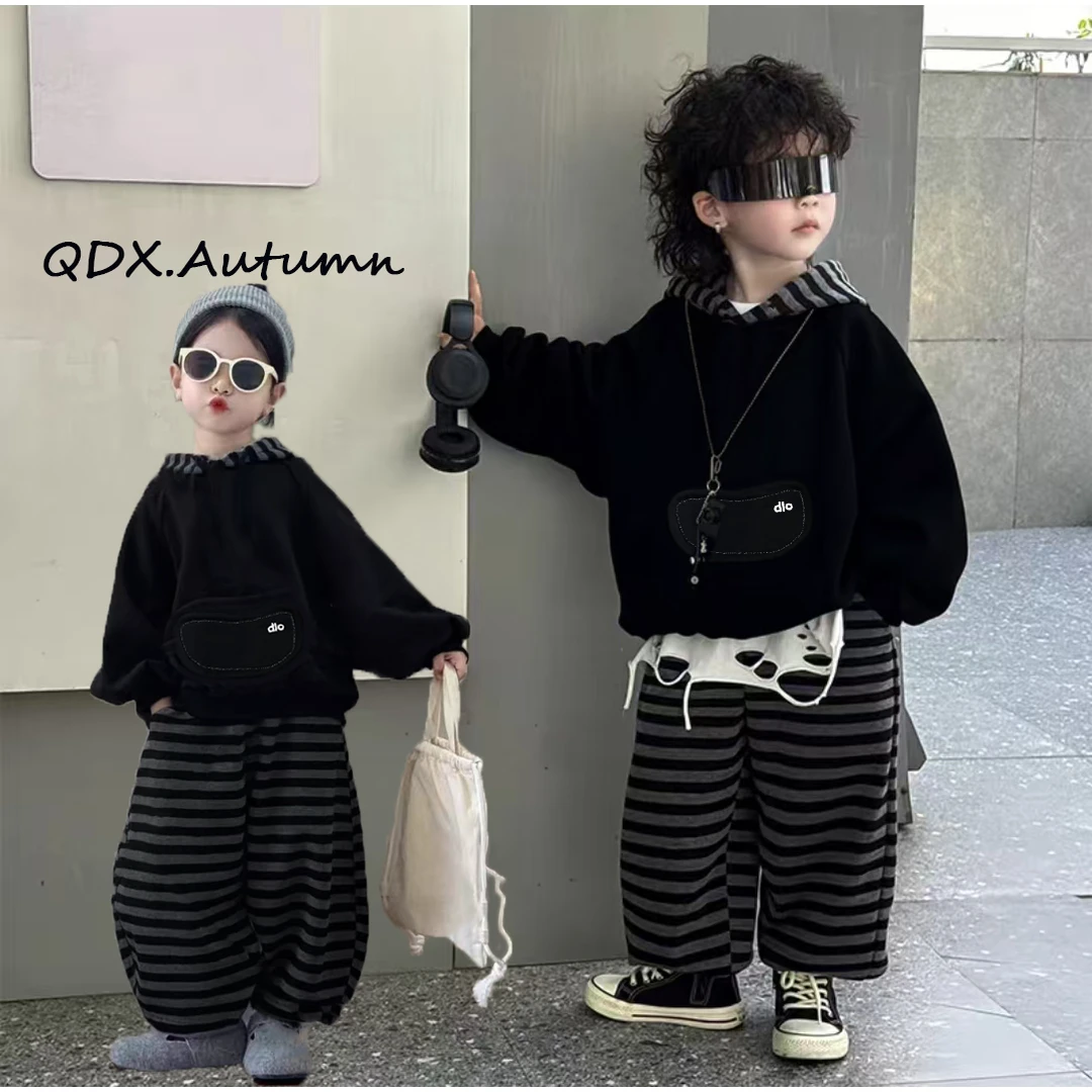 【秋上新】秋季男女宝同款连帽卫衣条纹长裤套装宽松韩版两件套t57