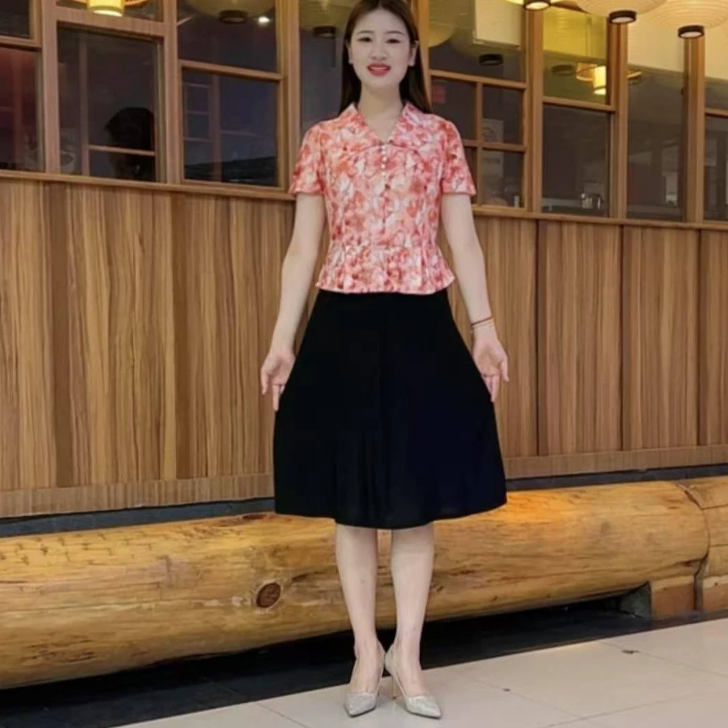 2025新款中老年女装短袖中长款夏季中年妈妈显瘦假两件连衣裙