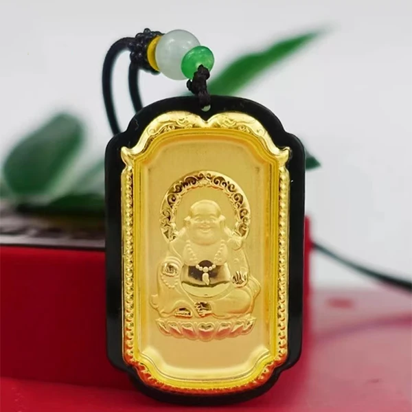 【王总专属】黄金真金足金镶嵌和田墨玉弥勒佛方牌女士吊坠配绳