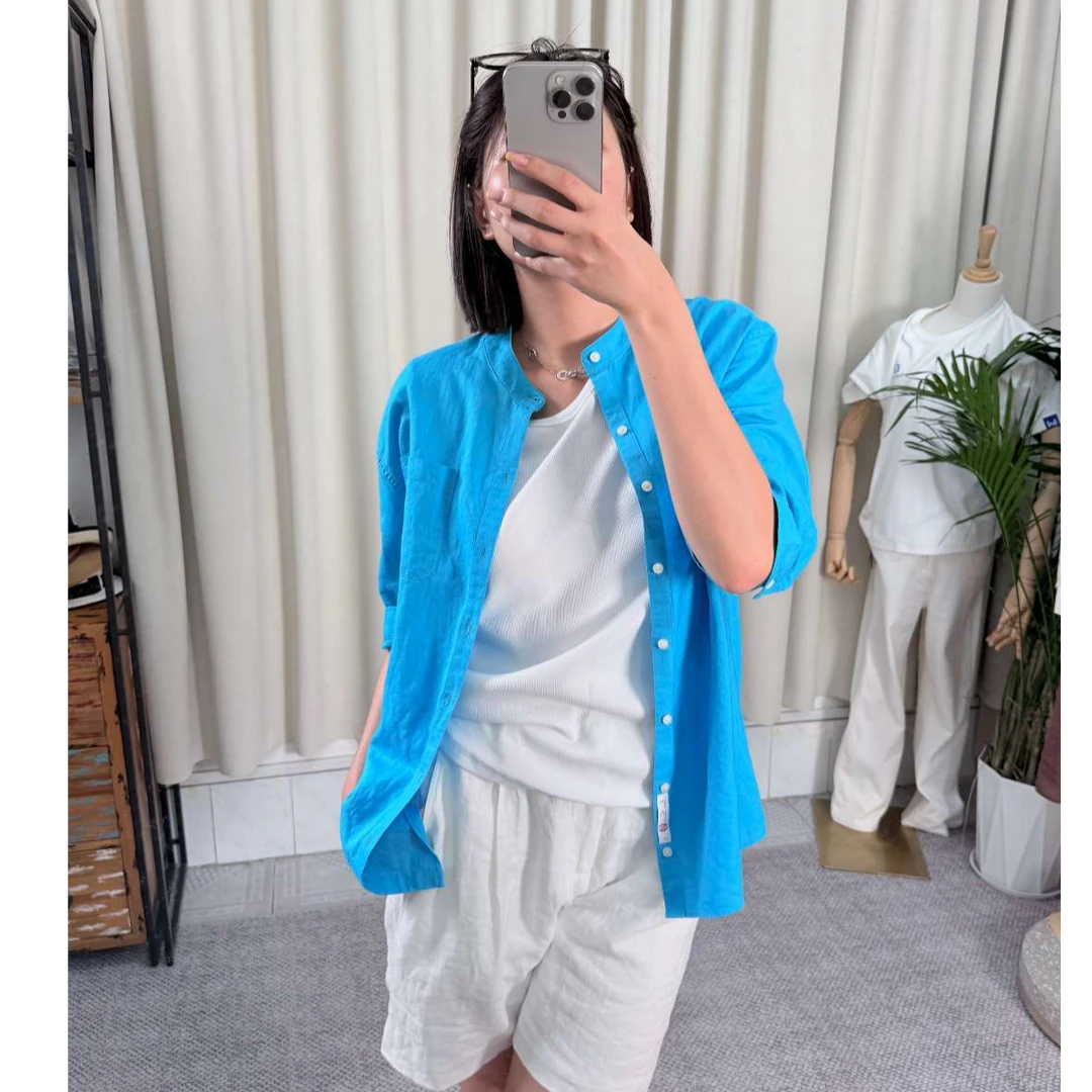 逸风棉麻立领牛仔衬衫上衣蓝色宽松衬衣时尚休闲百搭复古