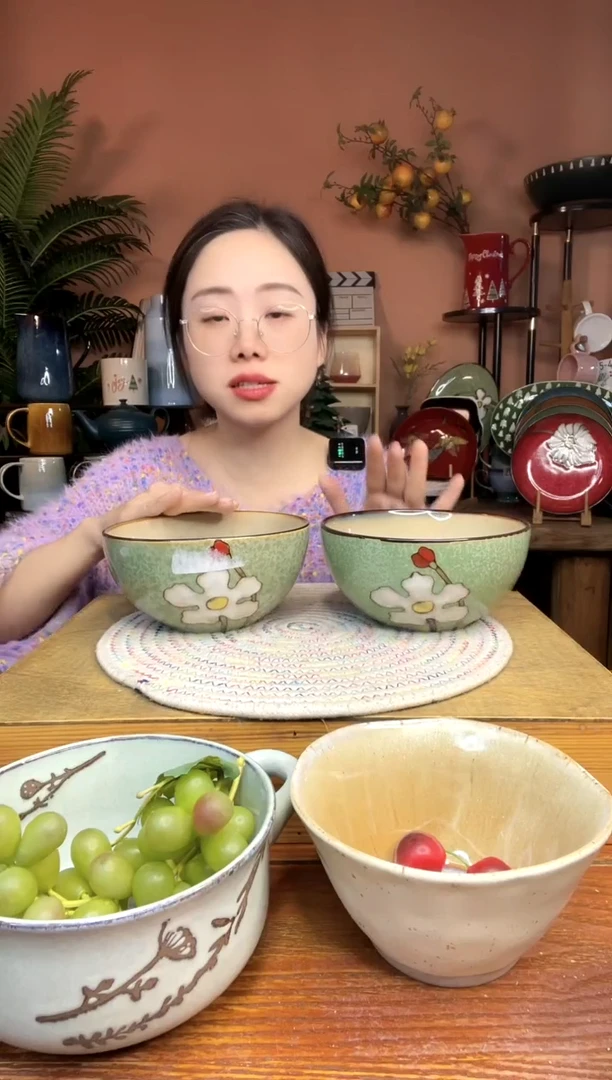 陶瓷6英寸手绘绿色花碗 2件 微瑕