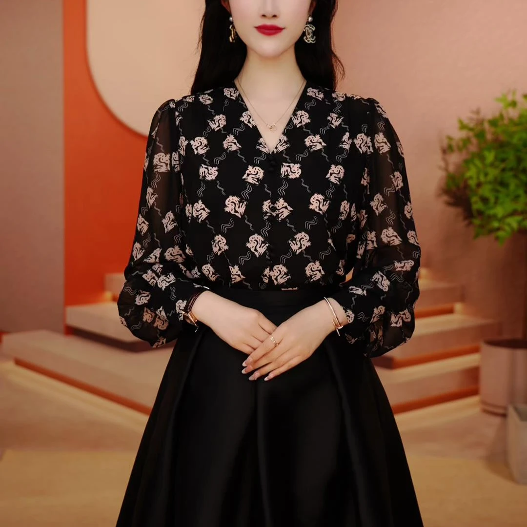 Y240039-早春新款琉璃双皱丝时尚洋气百搭休闲气质花鸟印花小衫