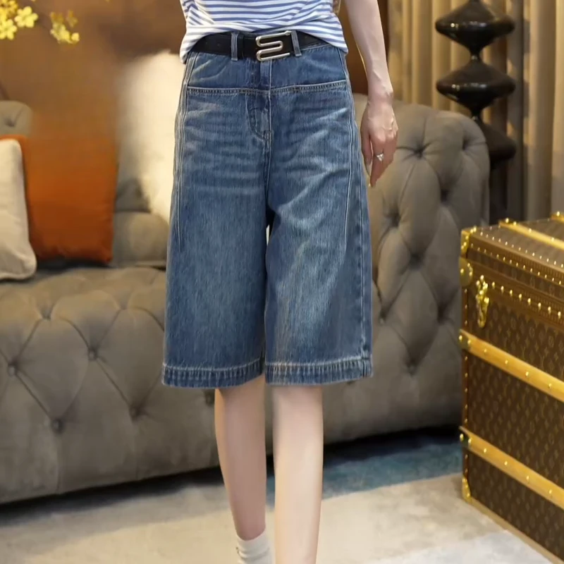2025年新款高腰显瘦a字阔腿复古蓝五分牛仔短裤薄款LK2503253