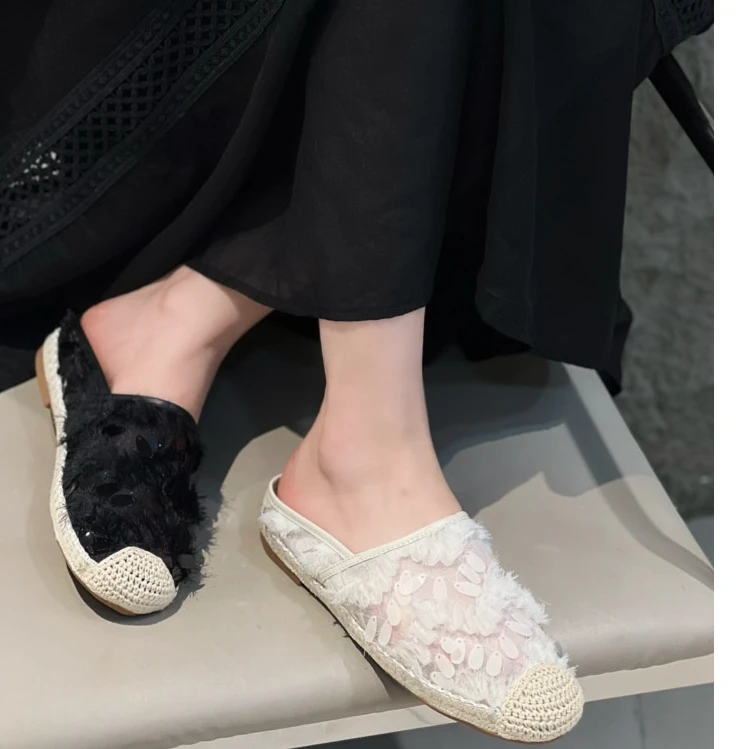 68019【川妹家品牌女鞋】网面透气亮片编织渔夫包头拖女鞋