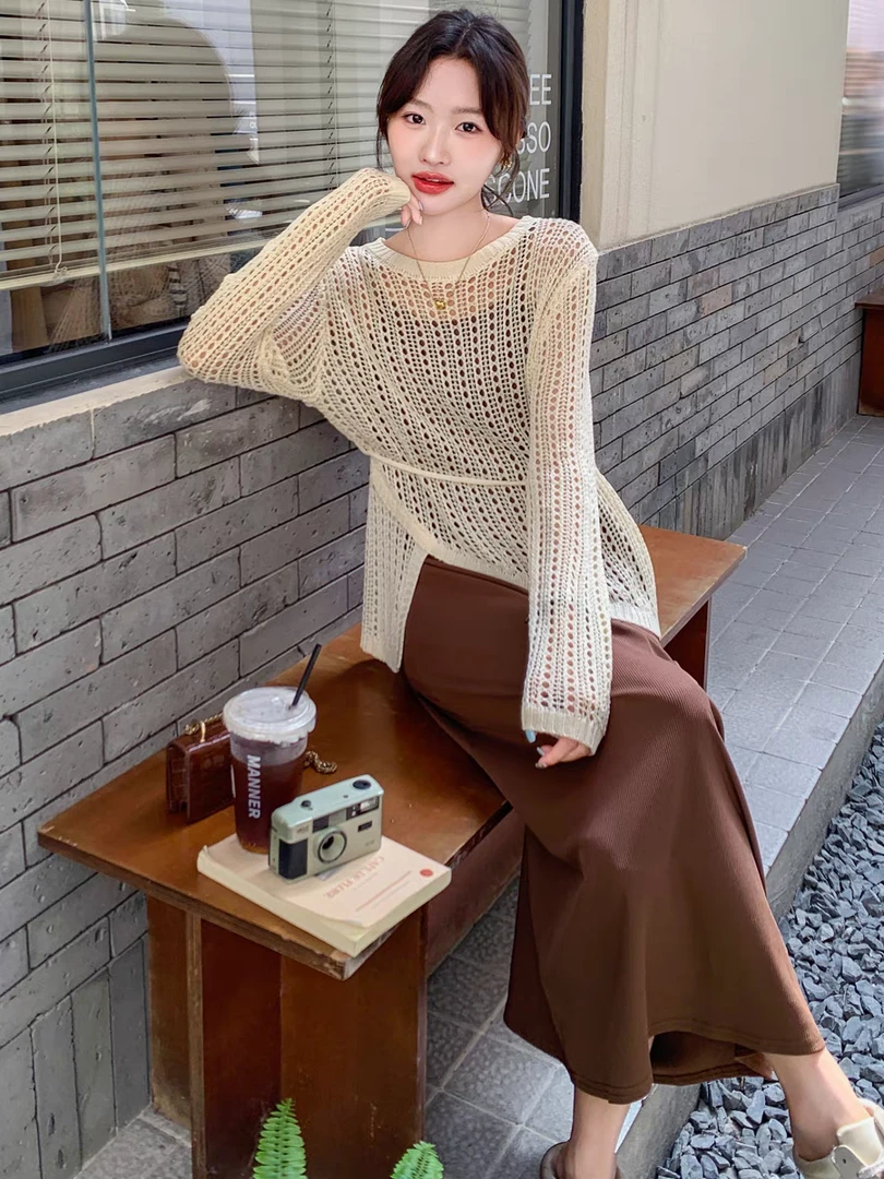 时尚套两件套裙女2025早春新款慵懒风收腰镂空针织衫吊带裙气质裙