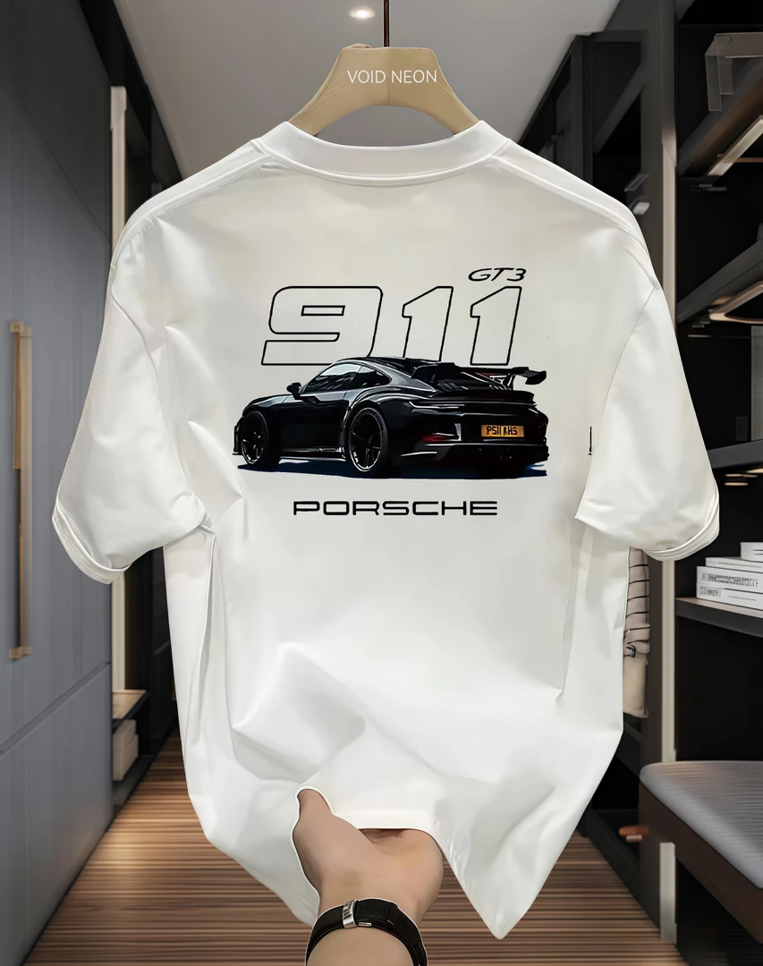 美式休闲短袖夏季印花保时捷宽松t恤白色情侣男士情侣潮流圆领