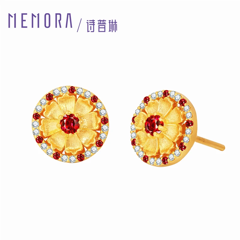 MEMORA/诗普琳×芳华美人如花红宝石钻石足金耳钉耳饰国庆中秋礼物