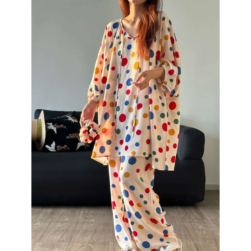 彩色波点绵绸睡衣女2025新款春夏秋宽松七分袖长裤家居服套装外穿