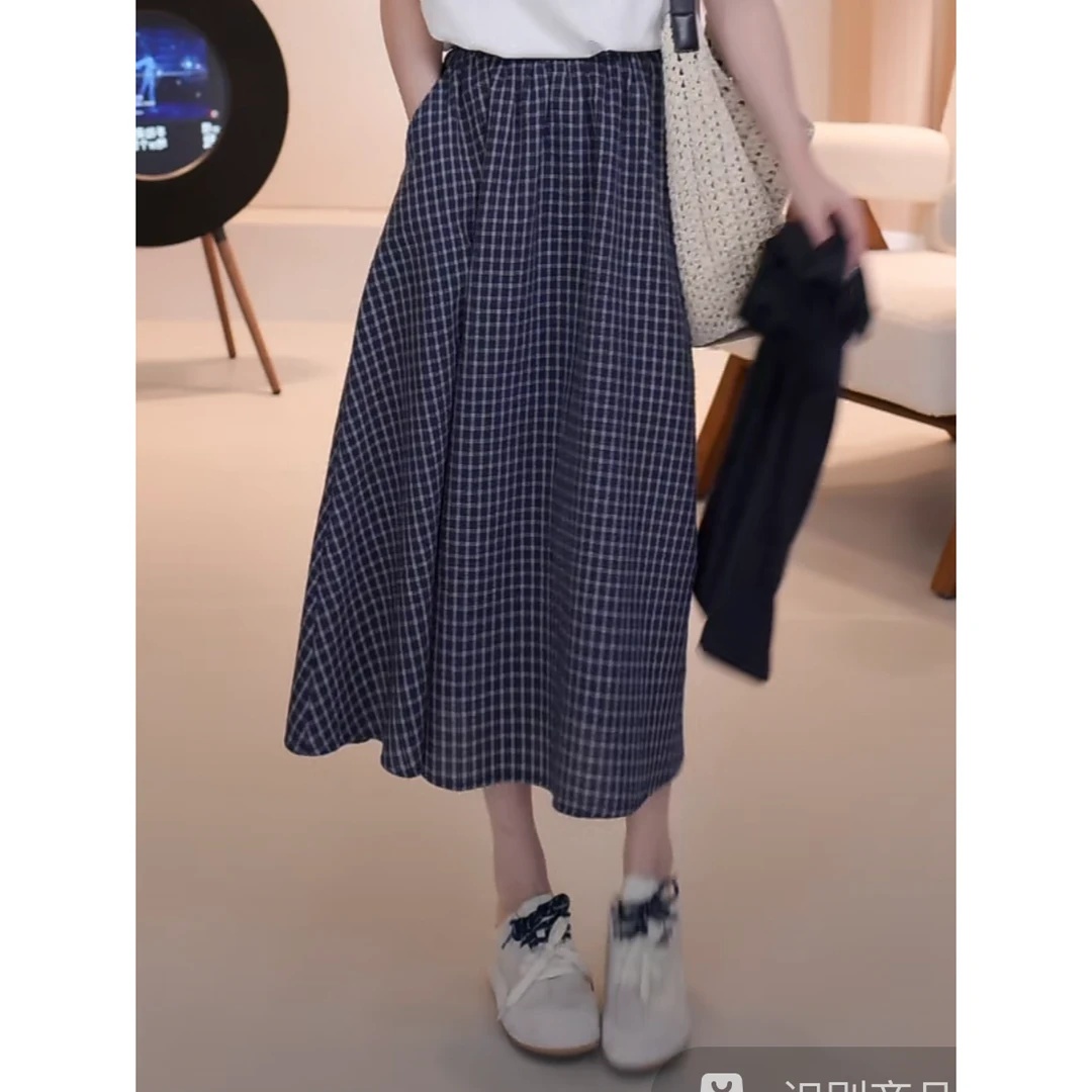 C04275复古气质显瘦遮肉A字伞裙中长款格子半身裙