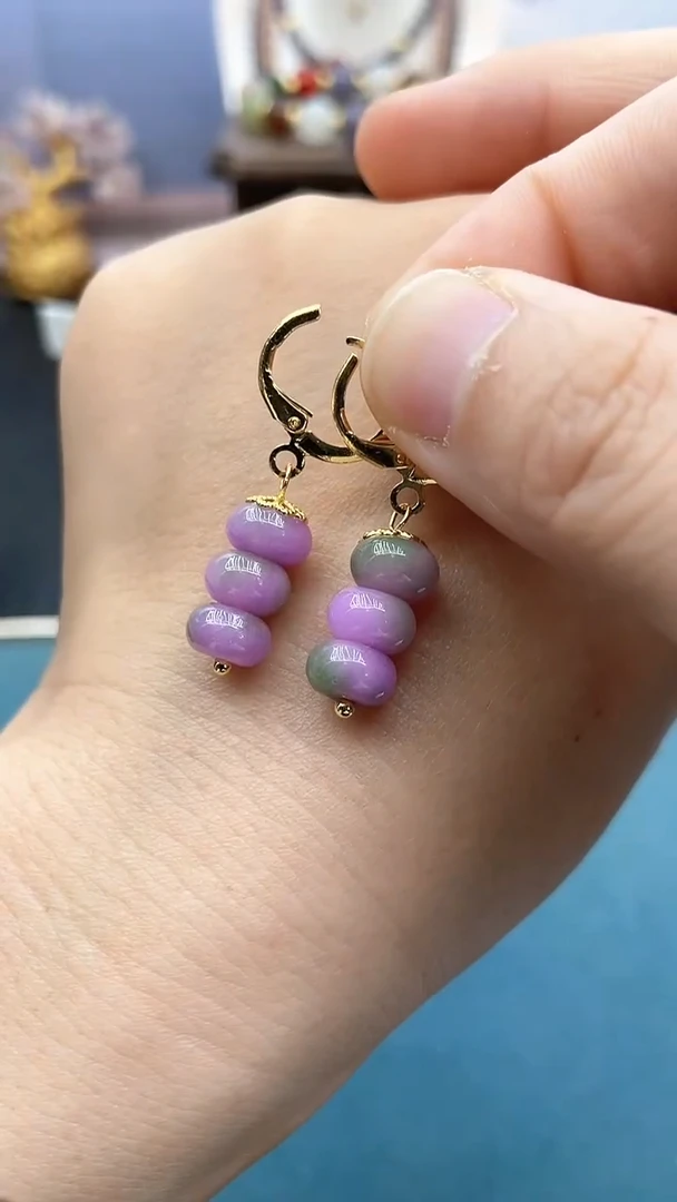 翡翠14K金镶嵌耳饰春彩竹节耳包