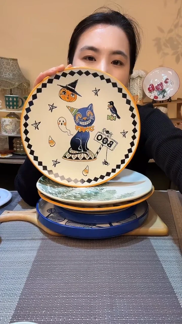 瓷片10.5英寸黑猫盘 微瑕介意勿拍