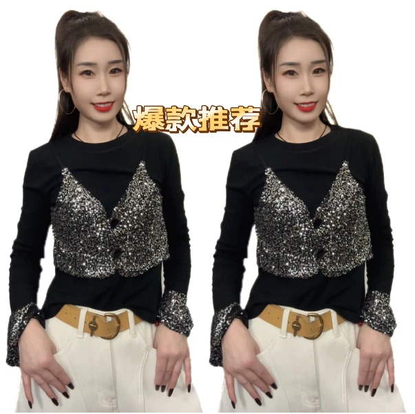 6830（XD）亮片假两件打底衫