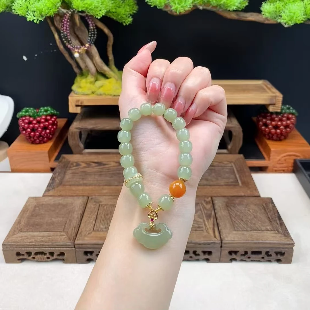 【春姐珠宝】天然和田玉手串卡10mm搭配路路通串珠如意锁2052