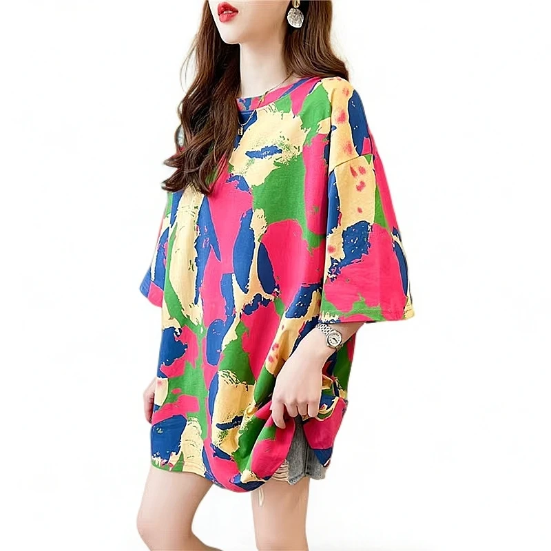 百搭圆领中长款撞色条纹字母T恤时尚女款扎染情侣春夏透气落肩袖