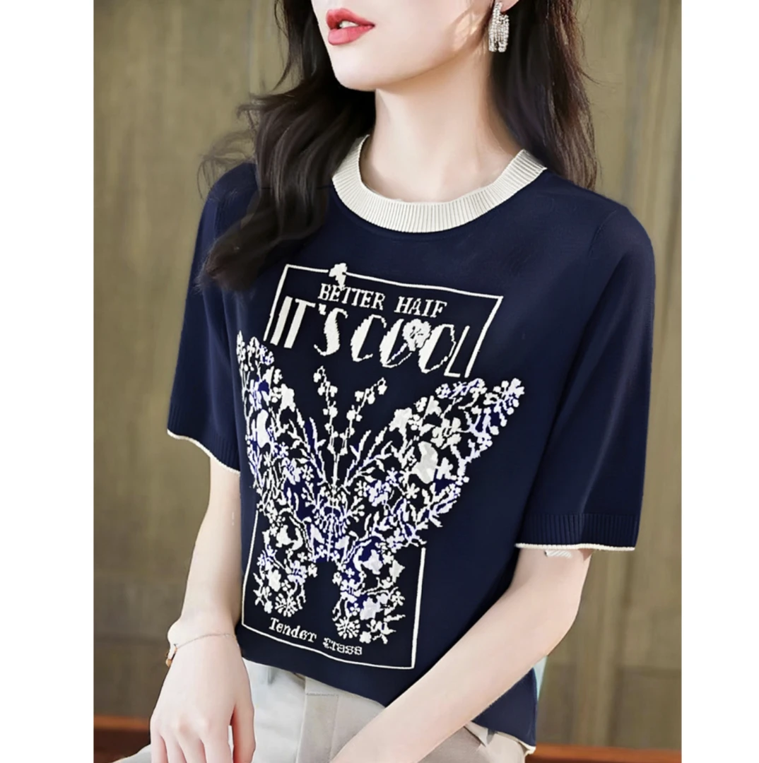 【蝶恋花-数码提花】桑蚕丝天丝短袖夏针织衫女装百搭薄款半袖A303