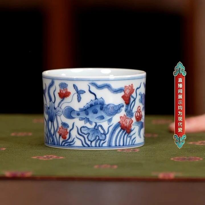 【小乔赏瓷】景德镇手工手绘林涛小馆鱼藻直口杯ltxg75