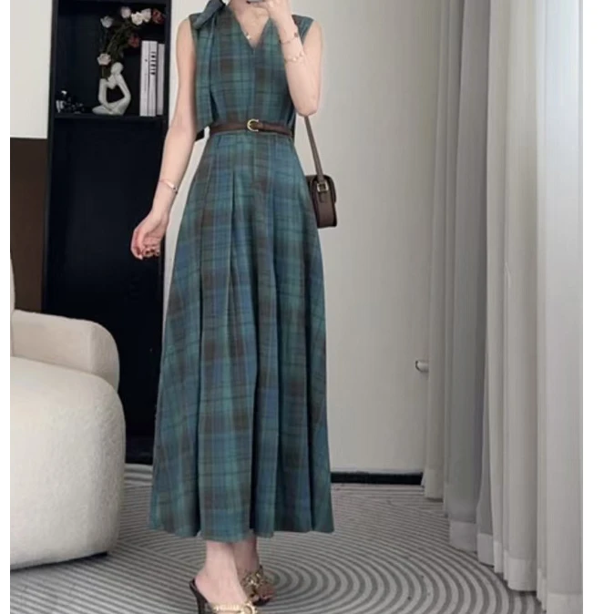 2025裙子现货Design/25夏季新款法式复古时尚高腰格子百搭连衣裙