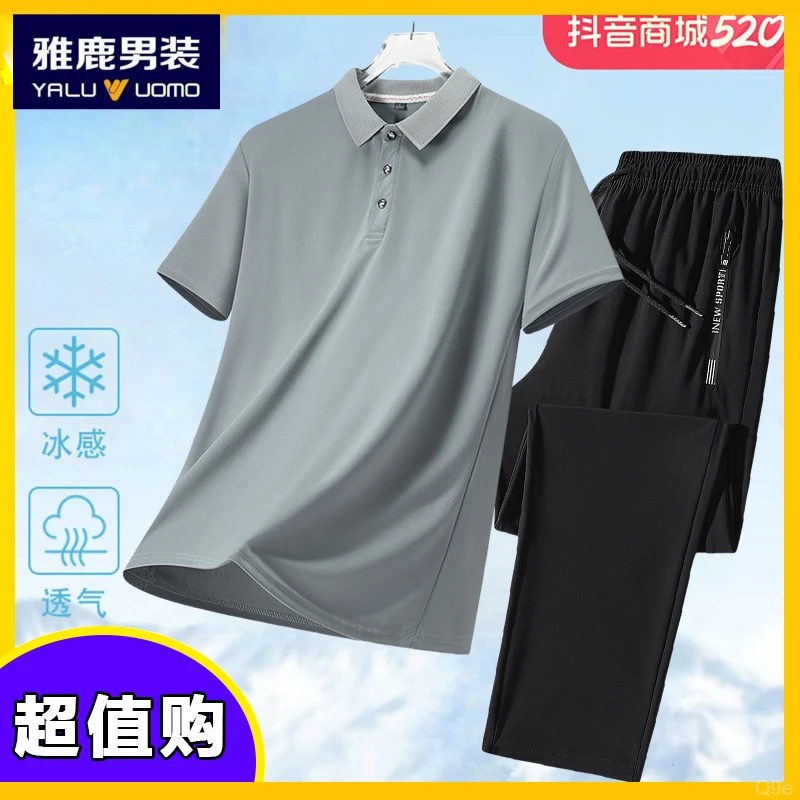 雅鹿男装休闲套装男新款运动速干短袖polo衫宽松爸爸夏套装中老年