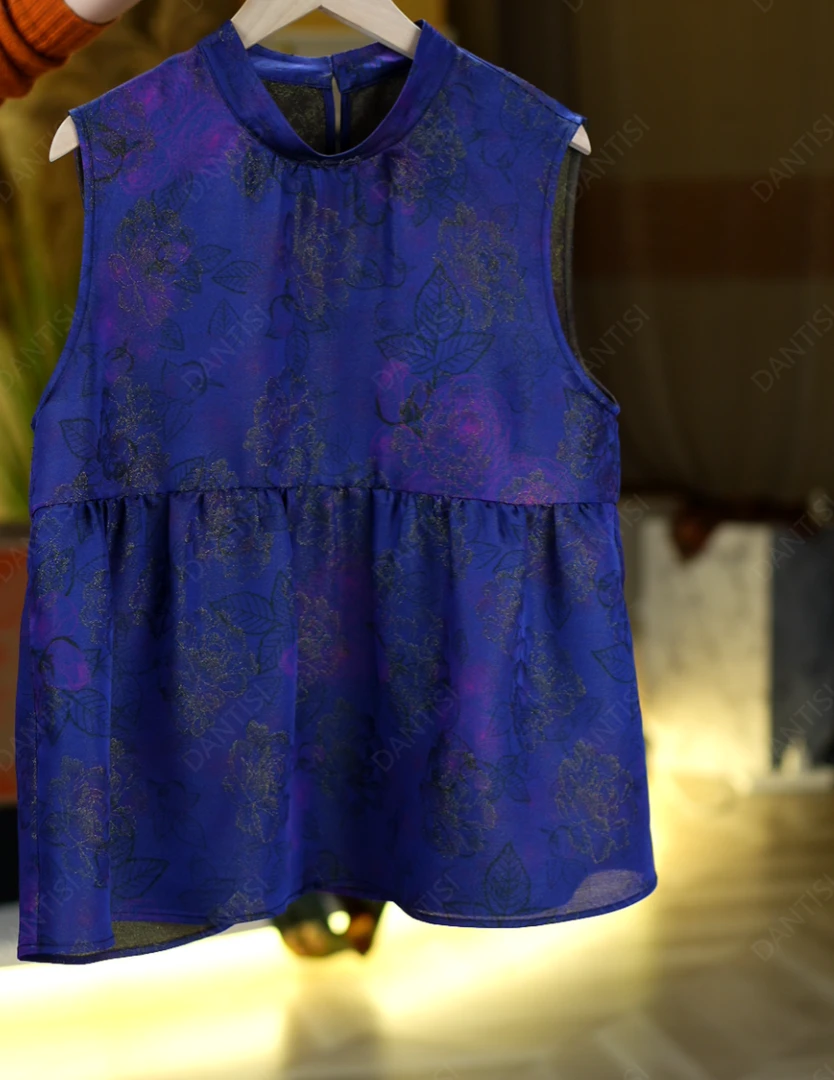 蓝色妖姬《非遗美学》2239国风复古印花减龄显瘦无袖上衣