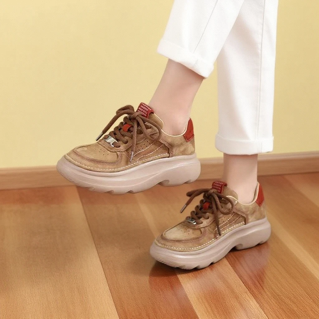 7275真皮厚底擦色单鞋2025春夏新款拼色系带轻便时尚百搭休闲女鞋