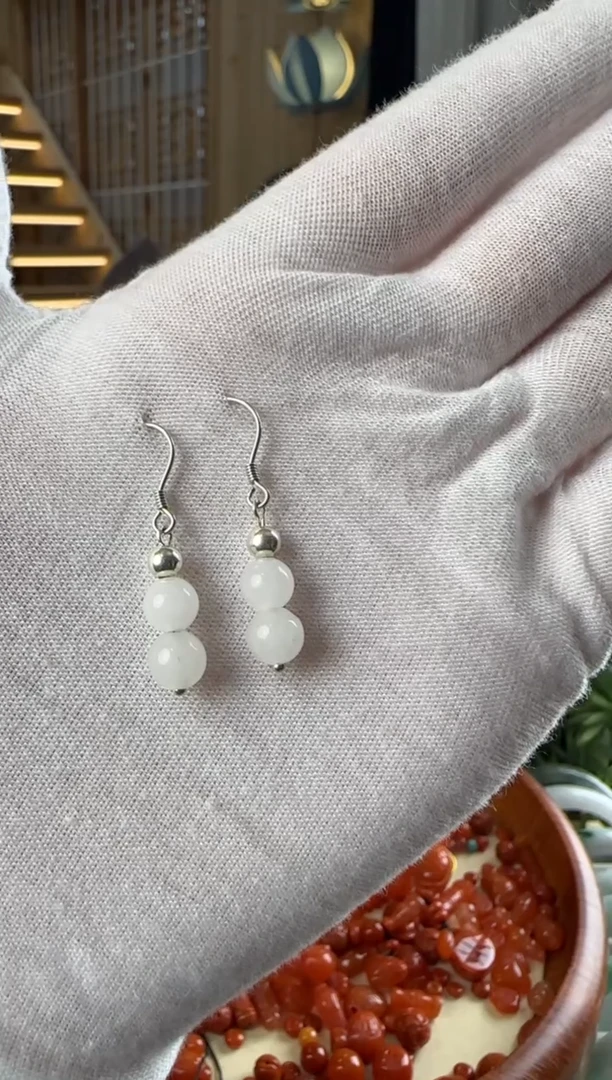 银S925镶嵌和田玉耳饰白玉耳环