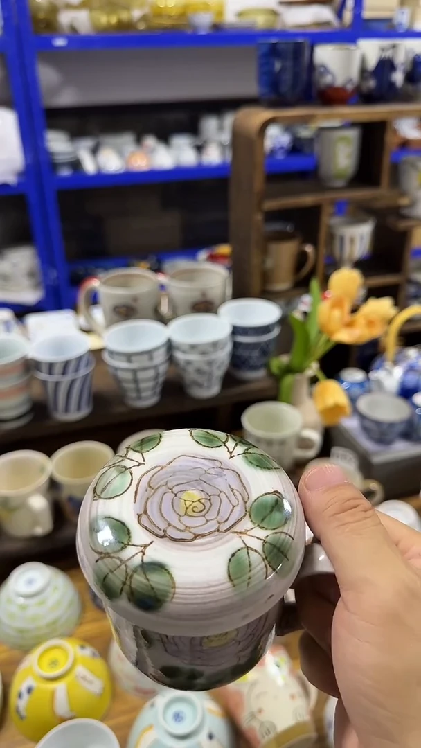 圆形日本进口陶瓷餐具   濑户烧马克杯带盖