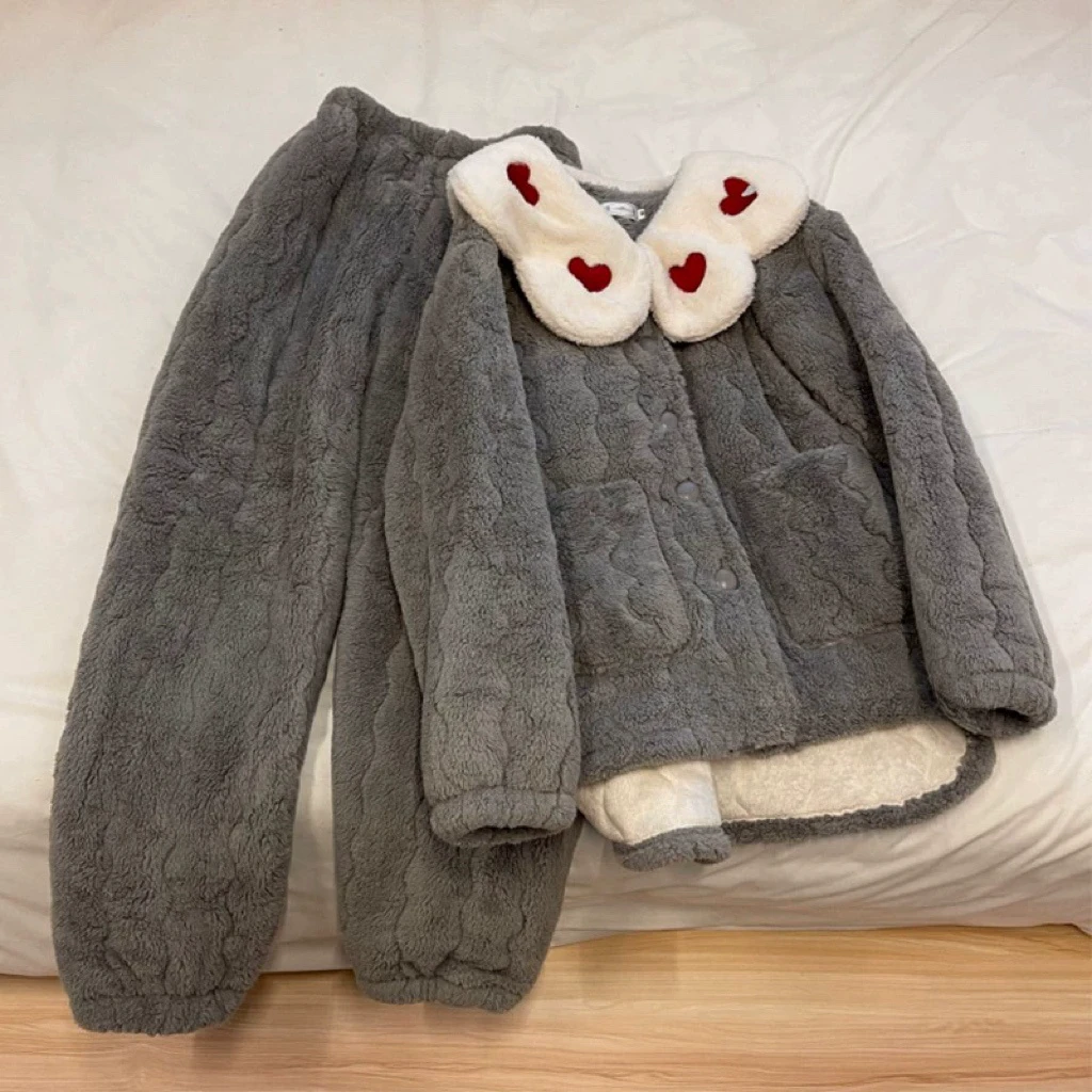 冬季夹棉睡衣女冬季新款娃娃领三层加厚棉袄女生冬天法兰绒家居服