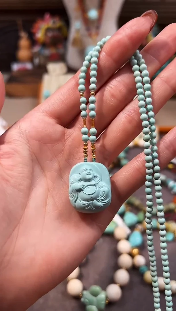 18K金镶嵌绿松石颈饰弥勒佛项链