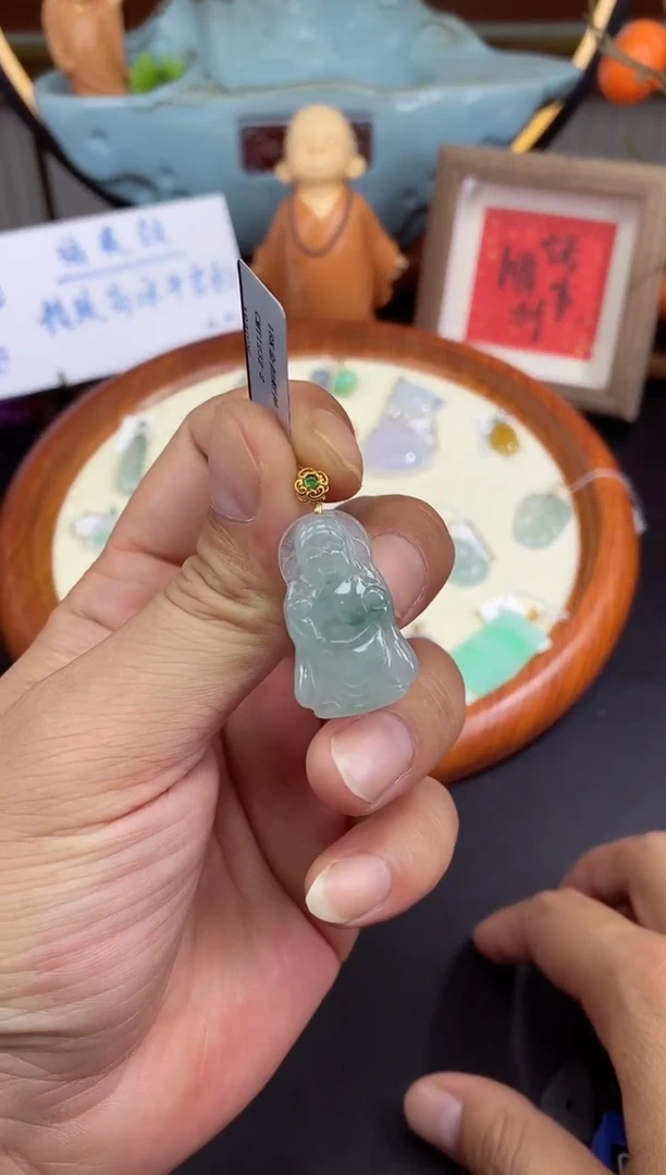 吊坠(不含链)18K金镶嵌翡翠财神多样性发其一@@CMT