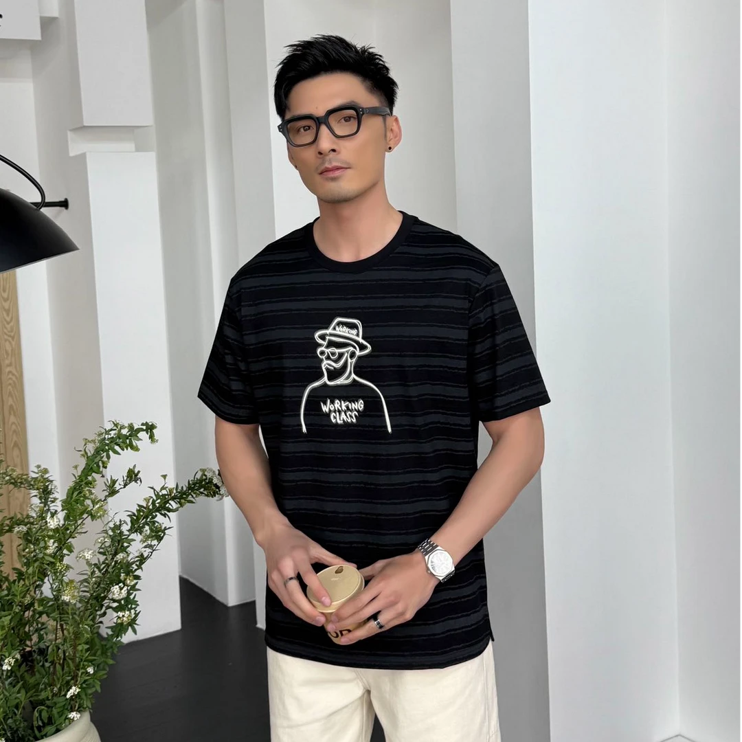 【汇佳服饰】ZA0117-夏季新款条纹印花修身薄款男士休闲上衣圆领T恤