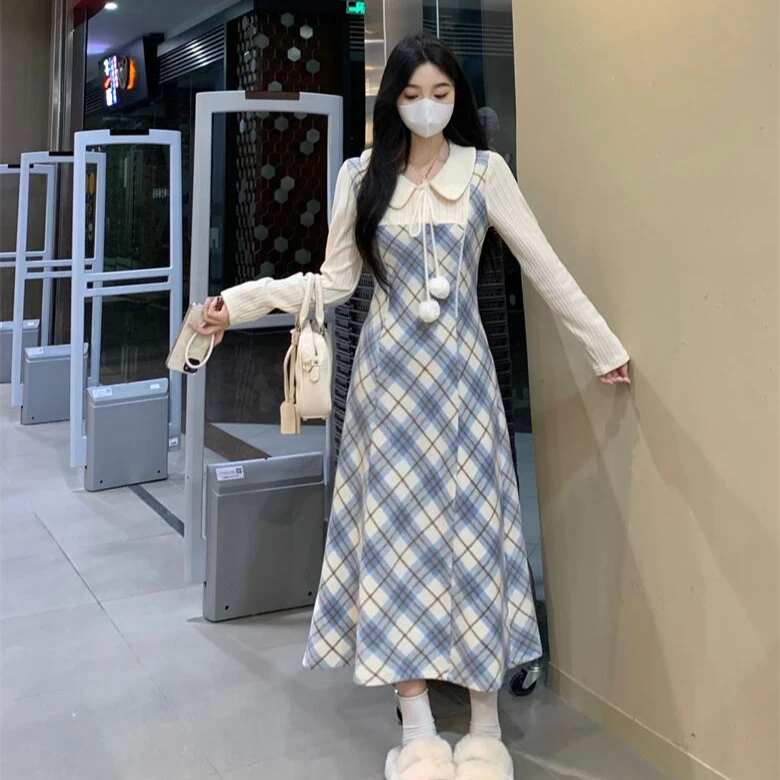 温柔学院风长袖假两件连衣裙2024秋新款高腰裙子胖mm遮肚显瘦1652