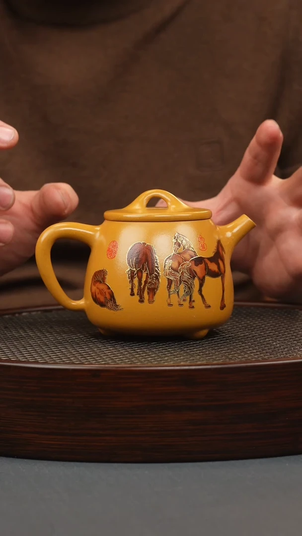 【闪购商品】紫砂茶壶鸡油黄 高瓢 八骏珐琅彩