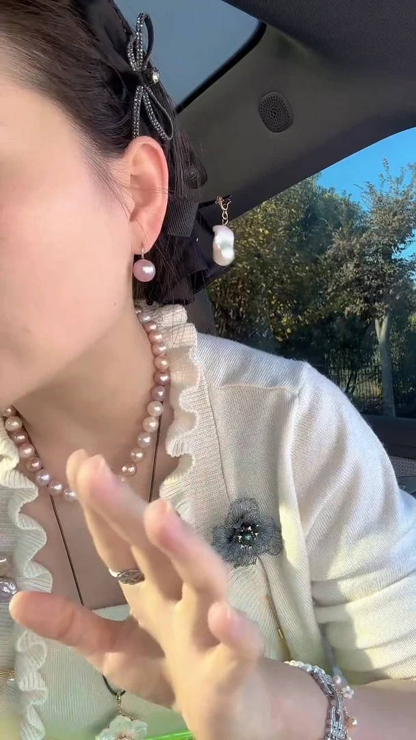 银S925镶嵌耳饰淡水珍珠粉紫色高跟鞋耳环