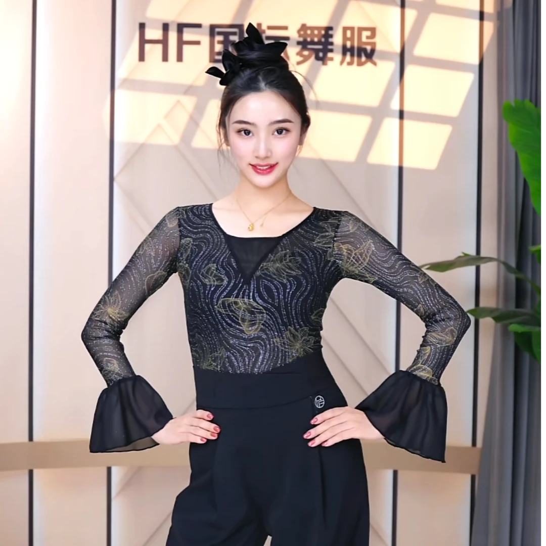 [HF品牌SY352黑银连体衣女士摩登舞交谊舞蹈上衣