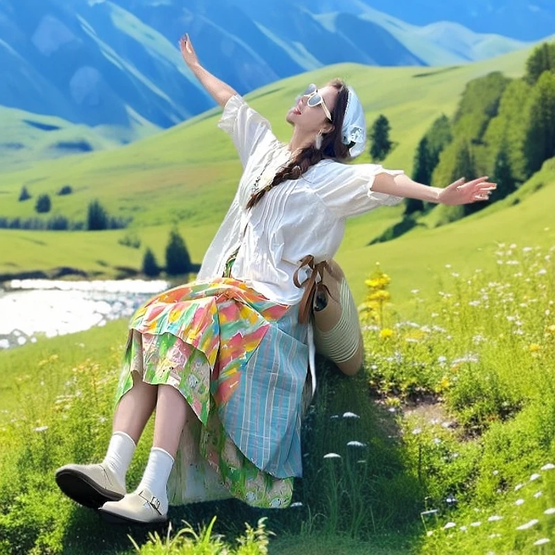 云南旅游穿搭夏装搭配一整套今年流行不规则碎花半身裙衬衫两件套