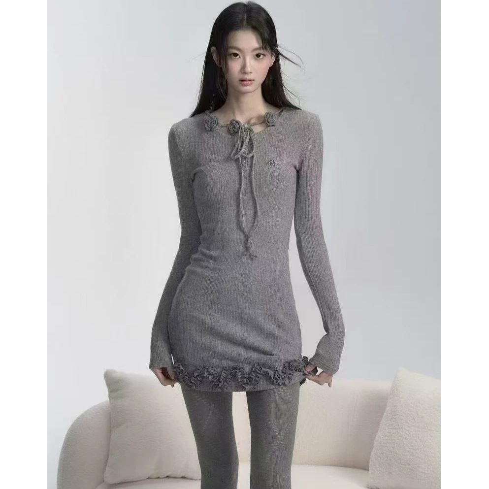 2510-2025勾勒维纳斯女神三色绑带针织修身连衣裙显瘦打底性感