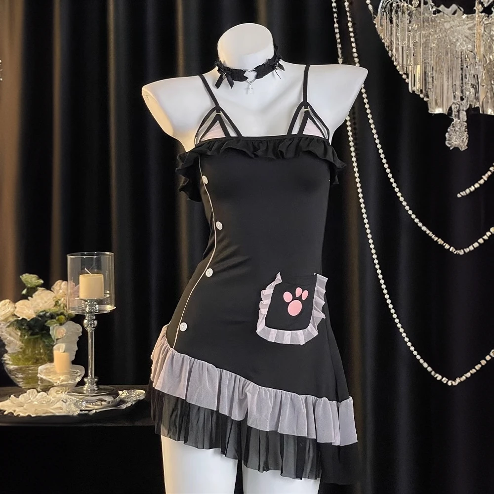 「纯欲小猫 」 性感露背花边褶皱吊带连衣裙女可爱纯欲风猫爪睡裙女