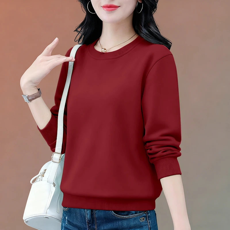 女士宽松休闲时尚长袖2025新款通勤加绒加厚圆领百搭纯色上衣卫衣
