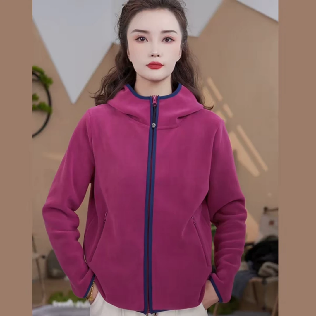 3810秋冬女户外抓绒衣保暖加厚连帽开衫弹力加绒时尚外套