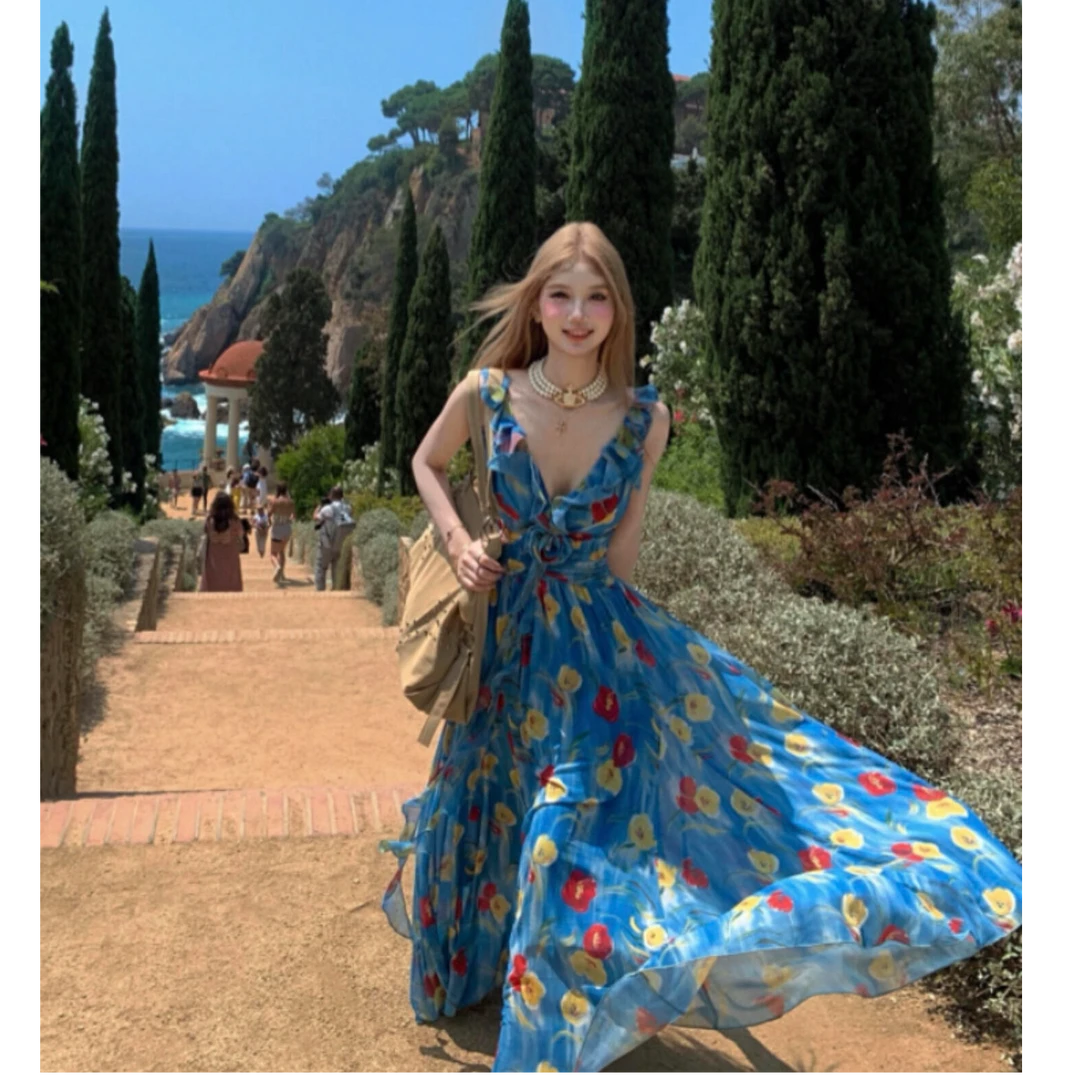 MARIE.COCO法式印花大v领荷叶边无袖连衣裙夏季海边度假风长裙