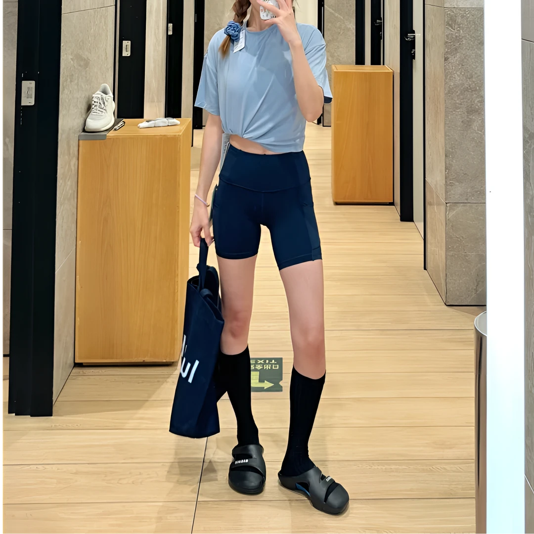 ff六寸拼接侧边口袋运动四分裤女高腰提臀紧身健身瑜伽短裤骑行裤