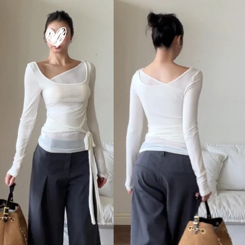 2025秋季新款法式高级设计感绑带长袖T恤修身显瘦百搭小众女上衣