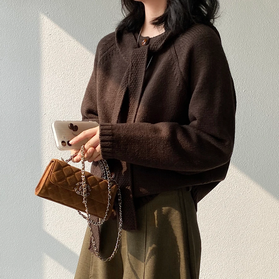 “小糖豆”韩系戴帽两件套复古百搭宽松圆领开衫女冬季