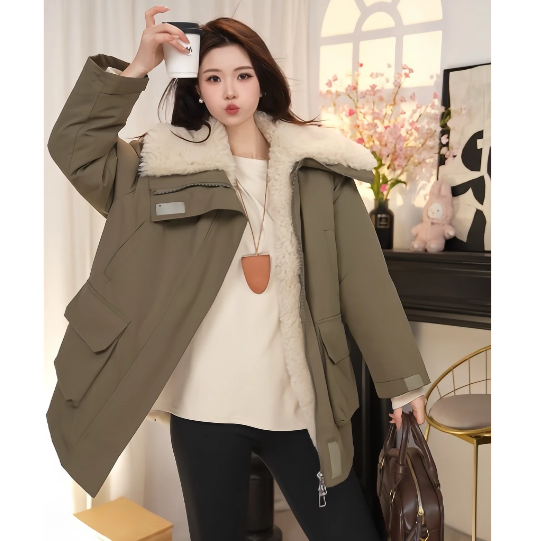 加绒加厚冬季长毛毛毛冲锋衣外套派克服中长款大衣