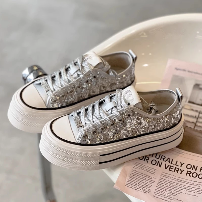 M9315亮片松糕鞋女新款真皮厚底增高百搭轻便系带休闲板鞋