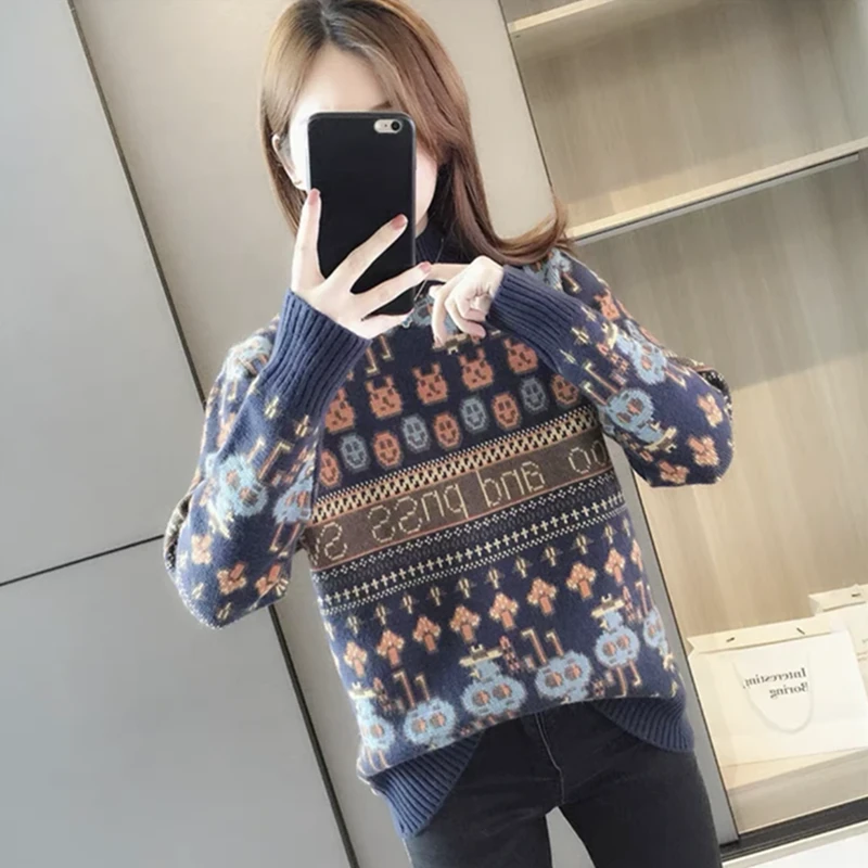 2025春秋新款百搭半高领毛衣女宽松外穿卡通风内搭打底针织衫上衣