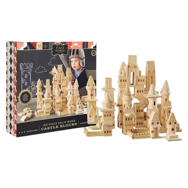 FAO外贸木头积木益智构建拼装木质城堡积木套装150pcs